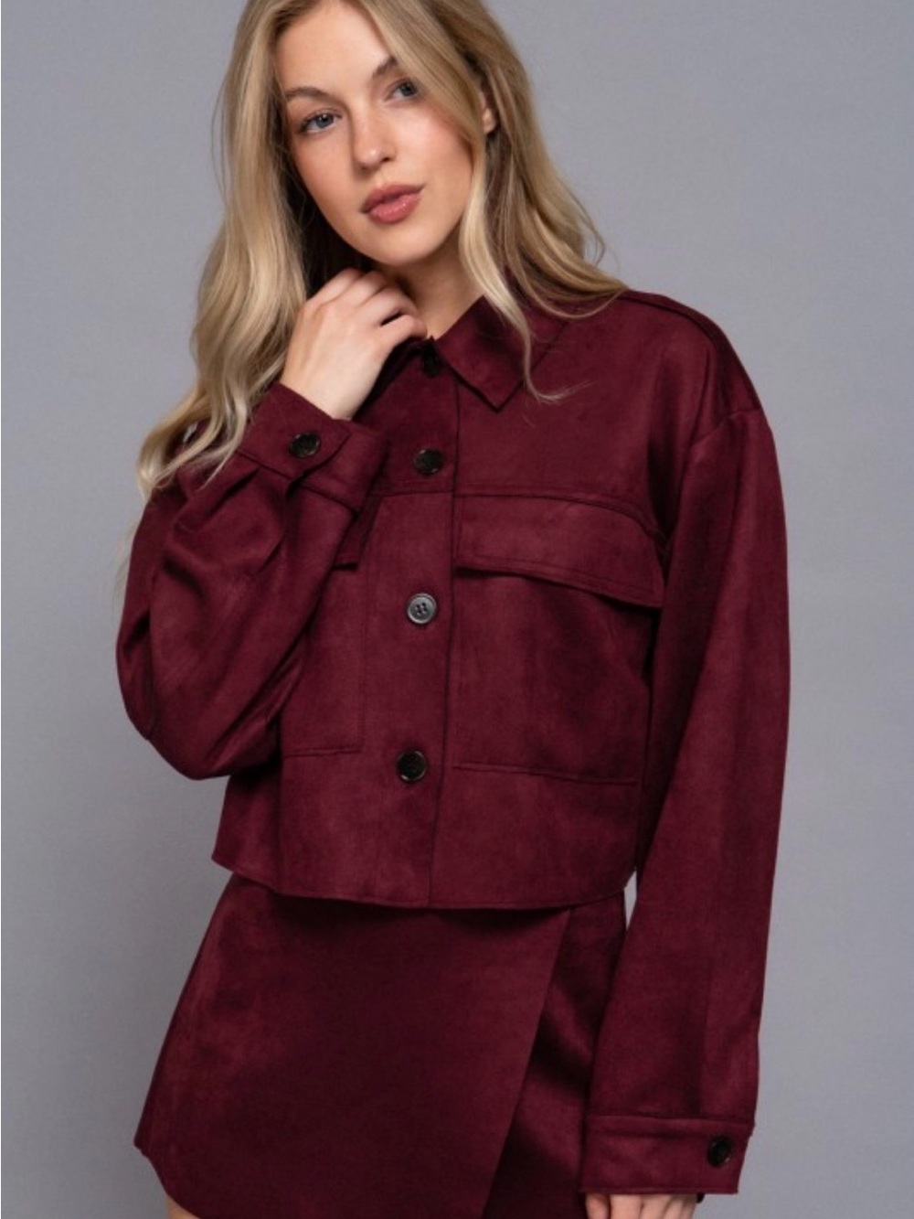 Women’s Burgundy Suede-Look Cropped Jacket - Picture 3 of 3